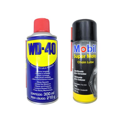 Kit Lubrificação e Limpeza Relação Corrente Wd-40 com Oleo Lubrificante Spray Mobil