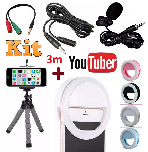 Kit Youtuber Microfone de Lapela para Celular Smartphone + Flash Led Anel Recarregável + Mini Tripé Flexível Extensão 3m - Leffa Shop