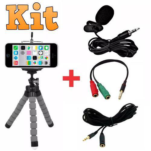 Kit Youtuber Tripé + Microfone de Lapela Celular Smartphone + Adaptador + Extensão de 3 Metros