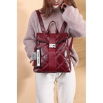 Lady PU Leather Plaid Backpack High Capacity Waterproof Travel Shoulder Bag with Bear Pendant
