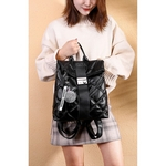 Lady PU Leather Plaid Backpack High Capacity Waterproof Travel Shoulder Bag with Bear Pendant