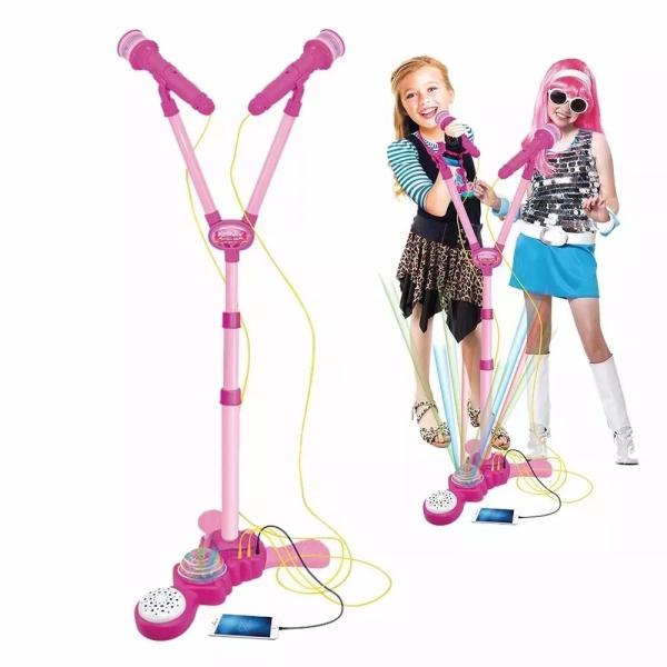 Microfone Duplo Dom Pedestal Rocky Girl Luz e Som - Dm Toys