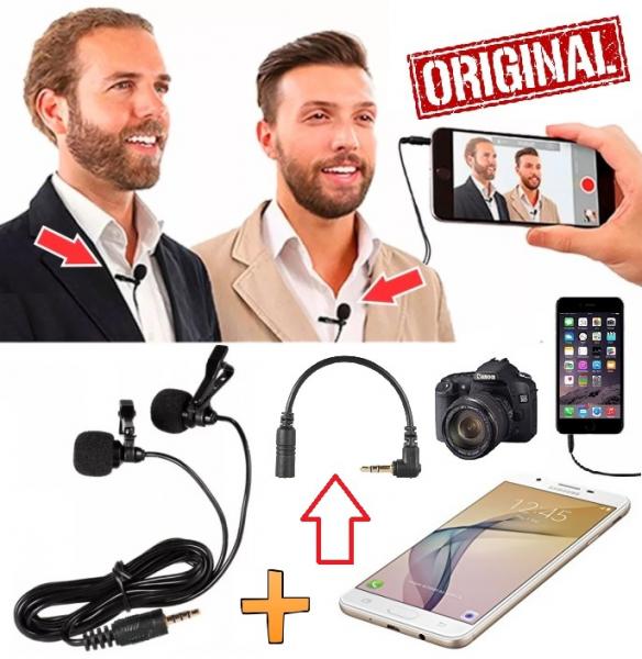 Microfone Duplo Lapela Celular Smartphone Iphone Android Universal + Adaptador Câmeras Dslr Entrevistas Coach Youtuber - Leffa Shop