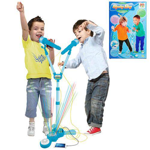 Microfone Infantil Brinquedo Duplo Karaoke Azul Meninos