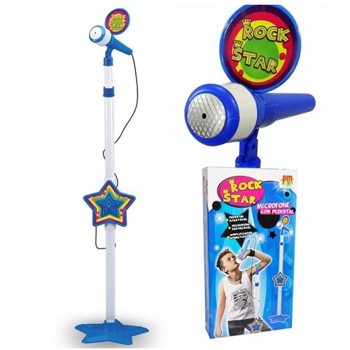 Microfone Infantil com Pedestal Azul Dm Toys Meninos com Som