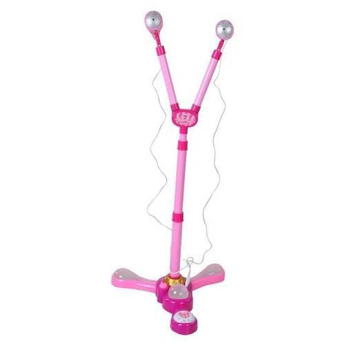 Microfone Infantil Duplo com Amplificador Karaoke e Pedestal com Luz e Som Rosa