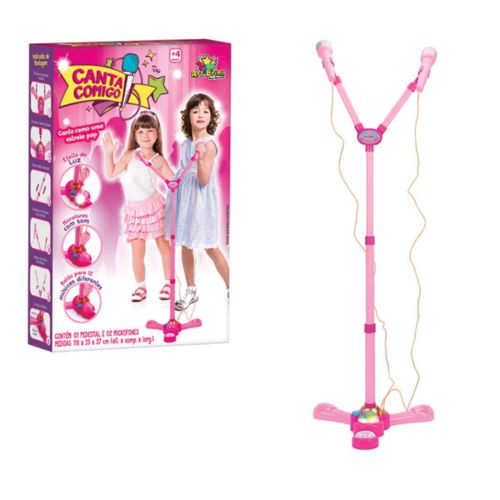 Microfone Infantil Duplo com Amplificador Karaoke e Pedestal com Luz e Som Rosa