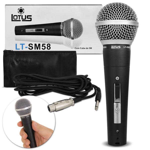 Microfone LT-SM58 Lotus Audio HQ Vocal Unidirecional Dinâmico Saída P10 com Cabo 5 Metros Preto - Nem Compara