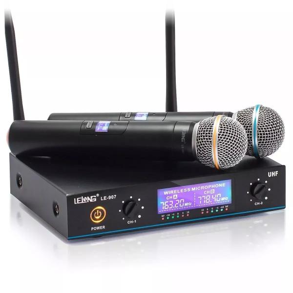 Microfone Sem Fio Digital Preto Karaokê Profissional de Alta Qualidade Wireless 50M Duplo Lelong 709