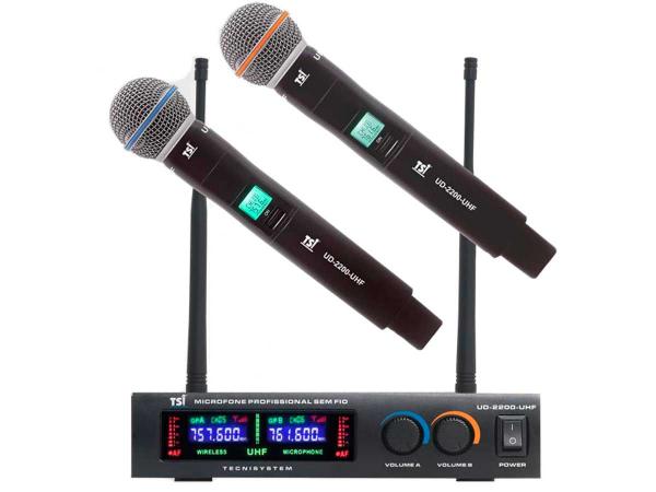 Microfone Sem Fio Duplo de Mão Super Cardioide TSI UD-2200-UHF
