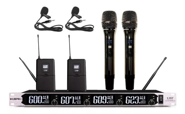 Microfone Sem Fio Ksr Pro Quadruplo Lapela + Mão 4 Canais