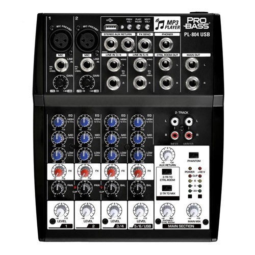 Mixer Mesa de Som 6 Canais C/ Usb Pl-804 Usb- Pro Bass
