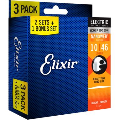 Pack de Encordoamentos Guitarra Elixir 010-046 Nanoweb Light - Leve 3 Pague 2 Bonus Pack