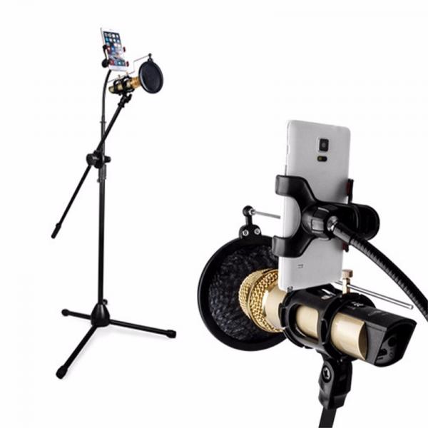 Pedestal,tripé P/microfone Dinâmico C/pop Filter,shock Mount e Suporte P/celular - Aj Som Acessórios Musicais
