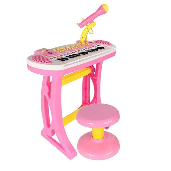 Piano Infantil Teclado com Gravador e Microfone Luz 31 Teclas Instrumento Musical Rosa Meninas - Makeda