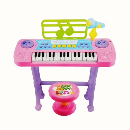 Piano Teclado Infantil Sinfonia Instrumento Musical Brinquedo Microfone Gravador e Banquinho Criança Rosa Menina