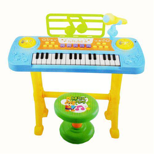 Piano Teclado Infantil Sinfonia Instrumento Musical Brinquedo Microfone Gravador e Banquinho Criança