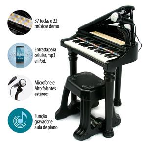 Piano Teclado Preto Infantil Microfone Banquinho - MC4213.