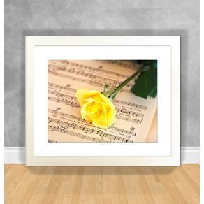 Quadro Decorativo Partitura e Rosa Amarela Instrumentos Musicais 38 Branca