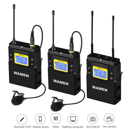 Sistema Wireless Duplo Microfone Lapela Mamen WMIC-01 Canal UHF com 2 Transmissores e 1 Receptor P2