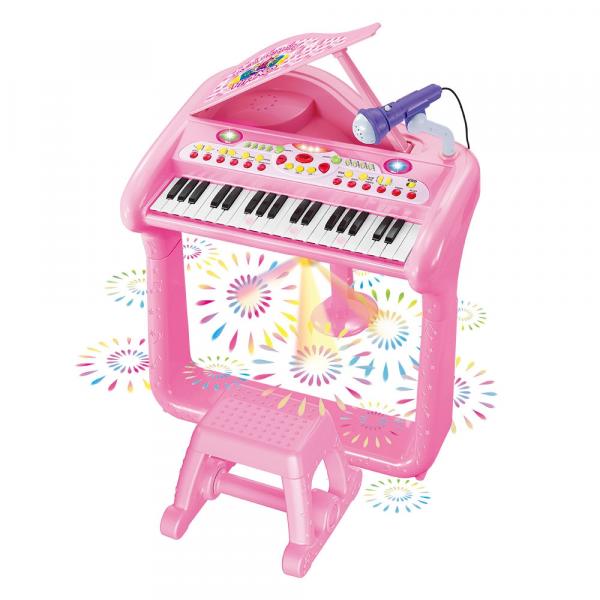 Meu Primeiro Piano Rosa com Microfone Conexão MP3 DM Toys