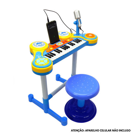 Teclado Piano Infantil + Microfone + Banquinho Luz Som Azul - Mc18059-A