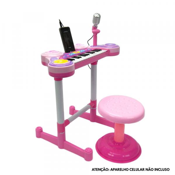 Teclado Piano Infantil + Microfone + Banquinho Luz Som Rosa - Mc18059-r - Mega Compras