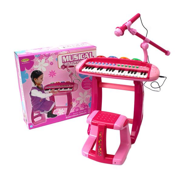 Teclado Piano Infantil Rosa + Microfone + Banquinho Luz Som - Mc18062 - Mega Compras