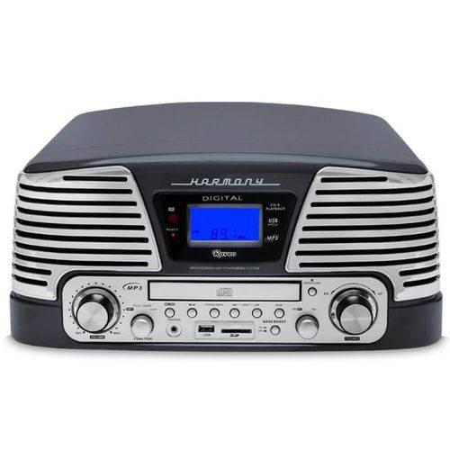 Toca Discos Vintage Anos 50 Raveo Harmony Bluetooth, AM/FM, CD Player, USB, SD, Gravação Titanium
