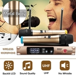 UHF Sem Fio Dual Microfone Metal Backlit LCD Transmissão Cantando Karaoke Família