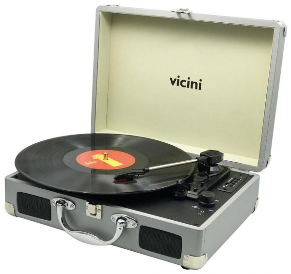 Vitrola Toca Discos Classic Retrô Bluetooth Usb Sd Rádio Fm Grava Reproduz Bivolt Aux Prata VC-285 Vicini Original