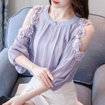 Ficha técnica e caractérísticas do produto HAO Lady Strapless Chiffon Shirt Flower Sétimo luva cor sólida gola solta pulôver Blouse