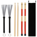 Ficha técnica e caractérísticas do produto Jazz Baquetas Set Incluir Bamboo Drum Sticks Arame de Aço Escovas e saco de veludo para Instrumento Musical Venda quente