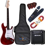 Ficha técnica e caractérísticas do produto Kit Guitarra Elétrica Strato G100 TRD/WH Translucent Red Giannini + Cubo MG10
