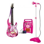 Kit Guitarra Musical Infantil Rocky Girl com Amplificador e Microfone Pedestal Rosa Menina - Makeda