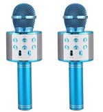 Ficha técnica e caractérísticas do produto Kit 2 Microfone Bluetooth Sem Fio Karaoke Porta Usb Alto-falante Embutido Azul Barato - Handheld Ktv