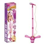 Kit Microfone Infantil Rosa com Amplificador Mp3 Karaoke e Pedestal com Luz Som e Botao de Aplauso Meninas
