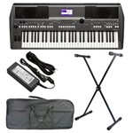 Kit Teclado Musical Yamaha PSR S670 com 61 Teclas Display LCD + Suporte + Capa + Fonte