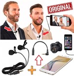 Microfone Duplo Lapela Celular Smartphone Iphone Android Universal + Adaptador Câmeras Dslr Entrevistas Coach Youtuber - Leffa Shop