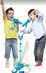 Ficha técnica e caractérísticas do produto Microfone Infantil Duplo com Amplificador Karaoke e Pedestal com Luz e Som Azul Meninos