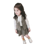 Ficha técnica e caractérísticas do produto 3pcs / set Kid menina pago Suit camisa Vest + saia plissada + conjunto de manga longa para 2-8 Anos