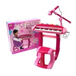 Teclado Piano Infantil Rosa + Microfone + Banquinho Luz Som - Mc18062